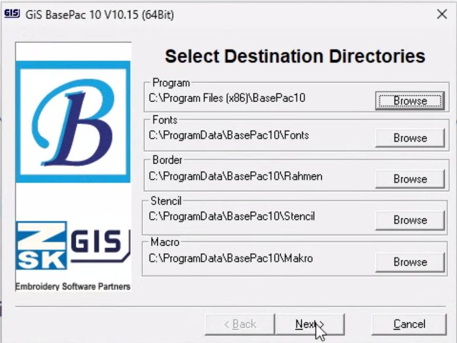 destination directories install menu