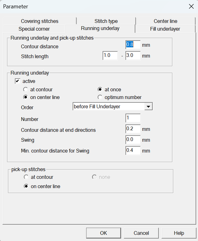 Satin center Run Underlay Parameters